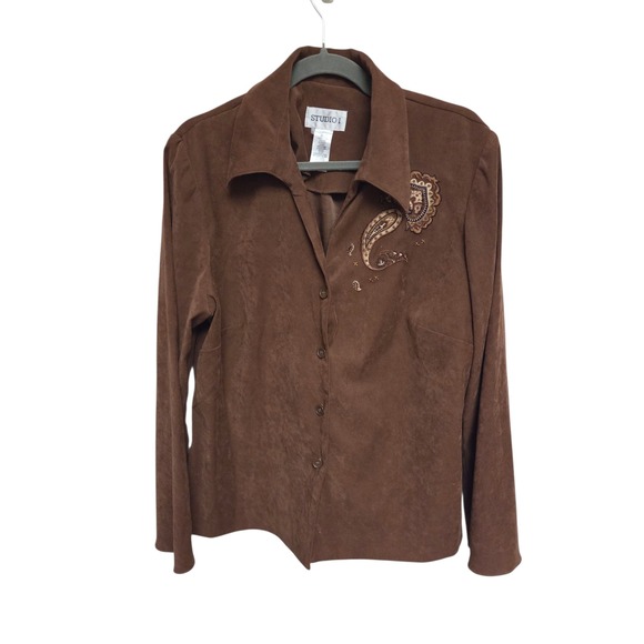 Studio‎ I Embroidered Western Shirt Brown Button Up Top Size 16 - Picture 1 of 4